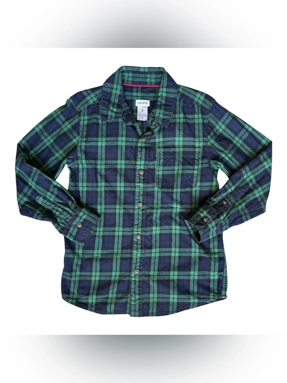 Carter's Size 6 Boys Green Blue plaid Button down long sleeve shirt